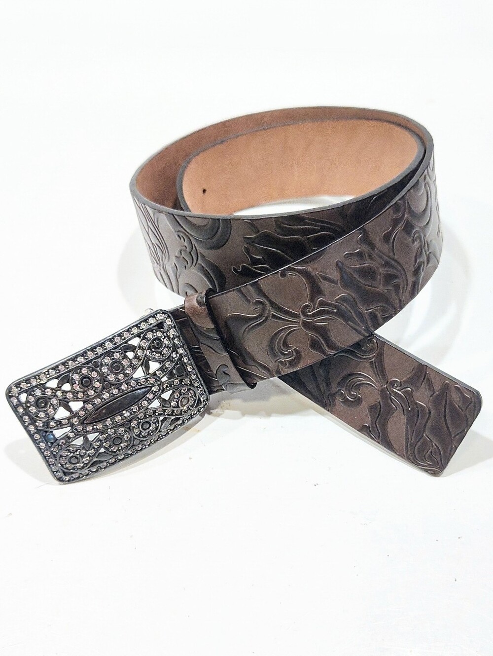 TANNER Italy Leather Belt Med Taupe Mushroom Floral Embossed Bling Rhinestones